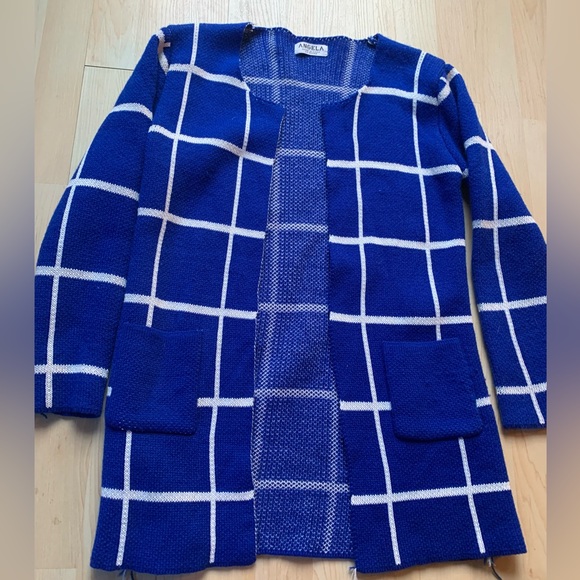 Angela Blue and White Checkered Grid Knit Cardigan - Picture 1 of 3